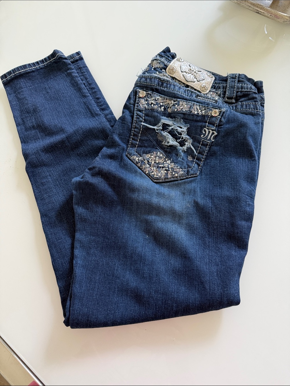 Miss Me Navy Blue Skinny Jeans with Embellished Back Pockets